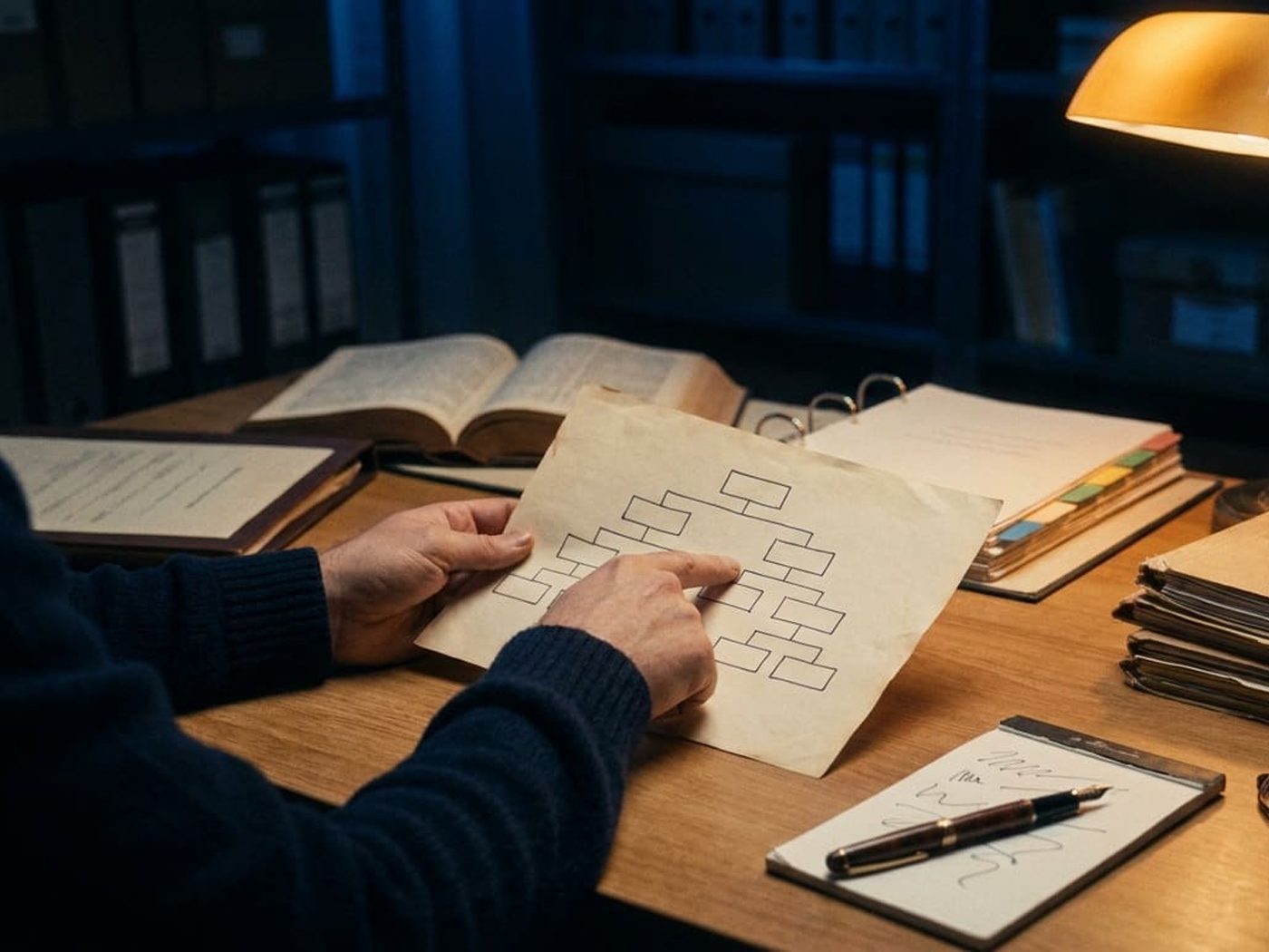 Mesa de trabalho arquivística à noite: mãos apontando para um plano de classificação impresso, ao lado de volumes de normas e documentos