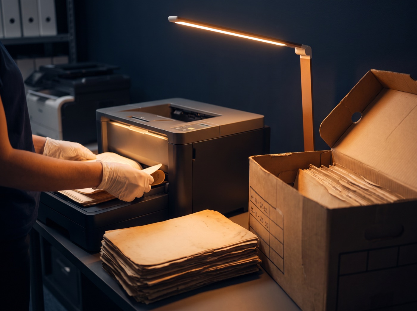 Operador digitalizando documentos antigos em scanner de produção, com caixa de arquivo ao lado